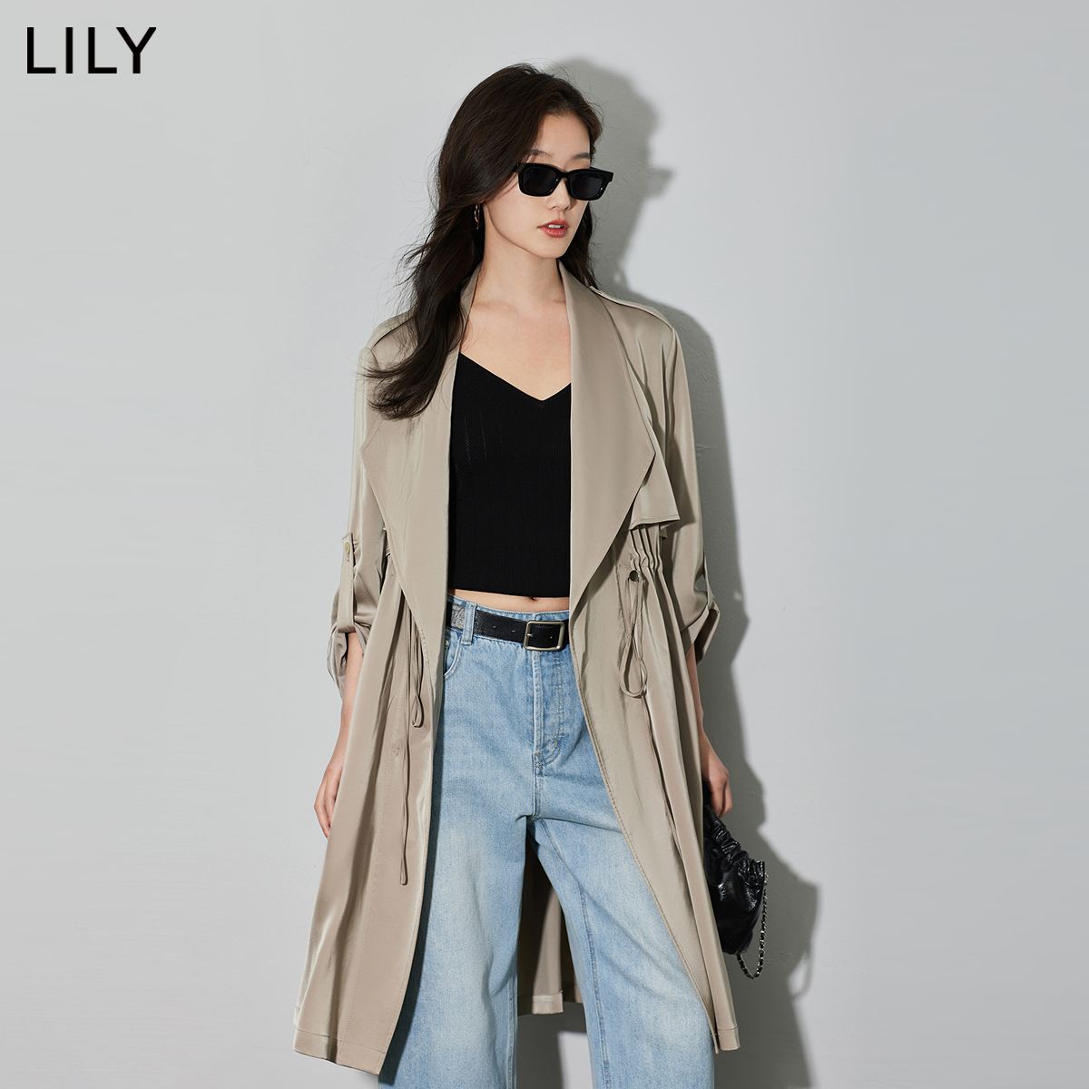 LILY2024春新款女装休闲都市英伦风时尚抽绳两穿长袖长款风衣外套