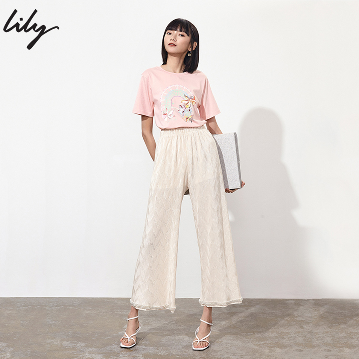 lily官方旗舰店Lily夏季新款女装纯棉印花宽松休闲圆领轻薄白色短袖上衣T恤0