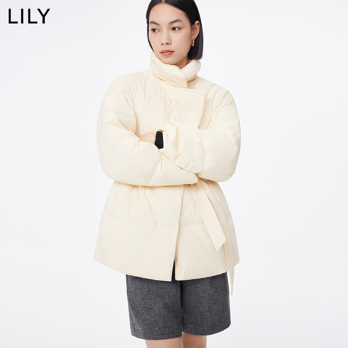 LILY2024春新款女装都市气质通勤款鹅绒时尚腰带西装式羽绒服外套-图0