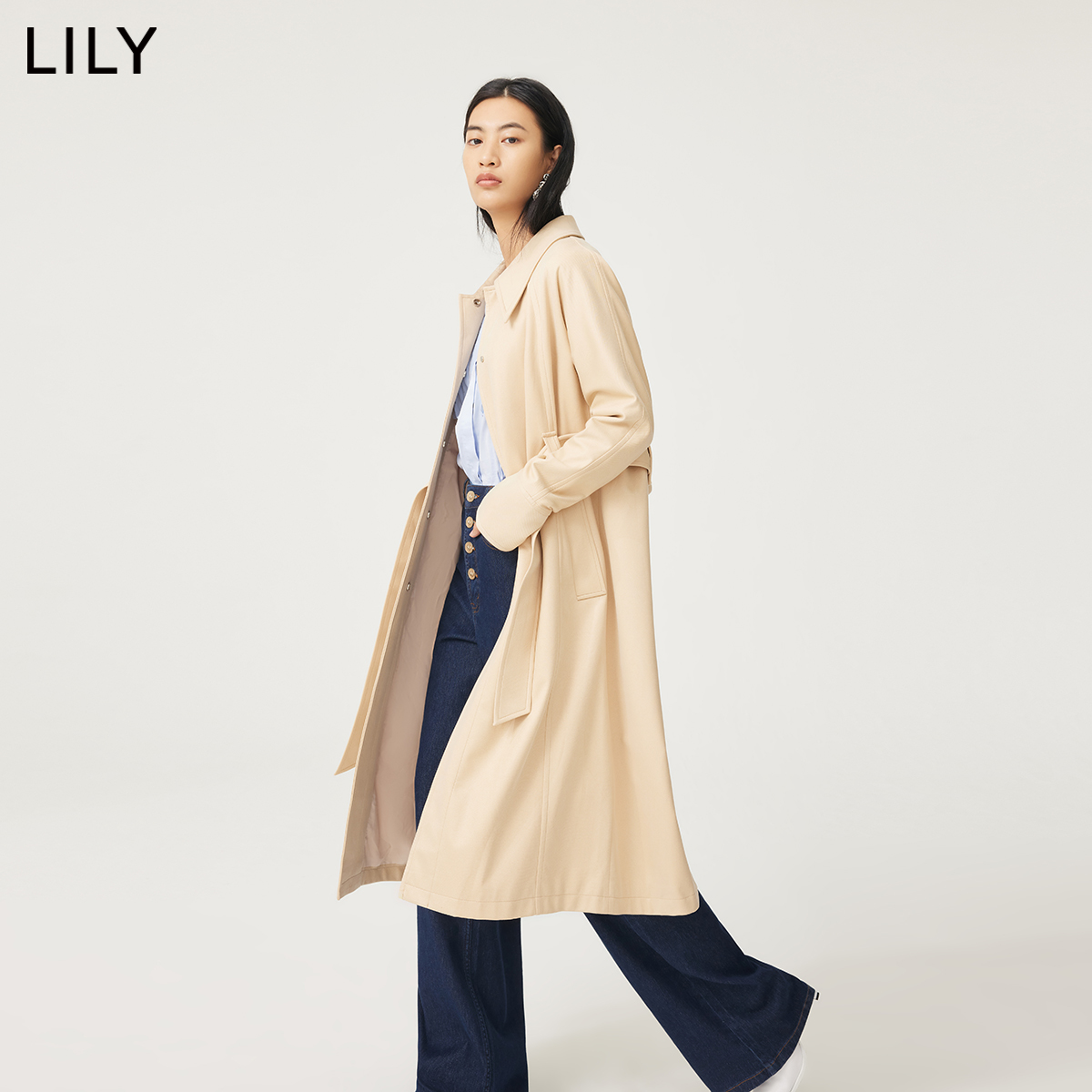 【商场同款】LILY2022秋新款女装气质纯色高级感优雅长款风衣外套 - 图1