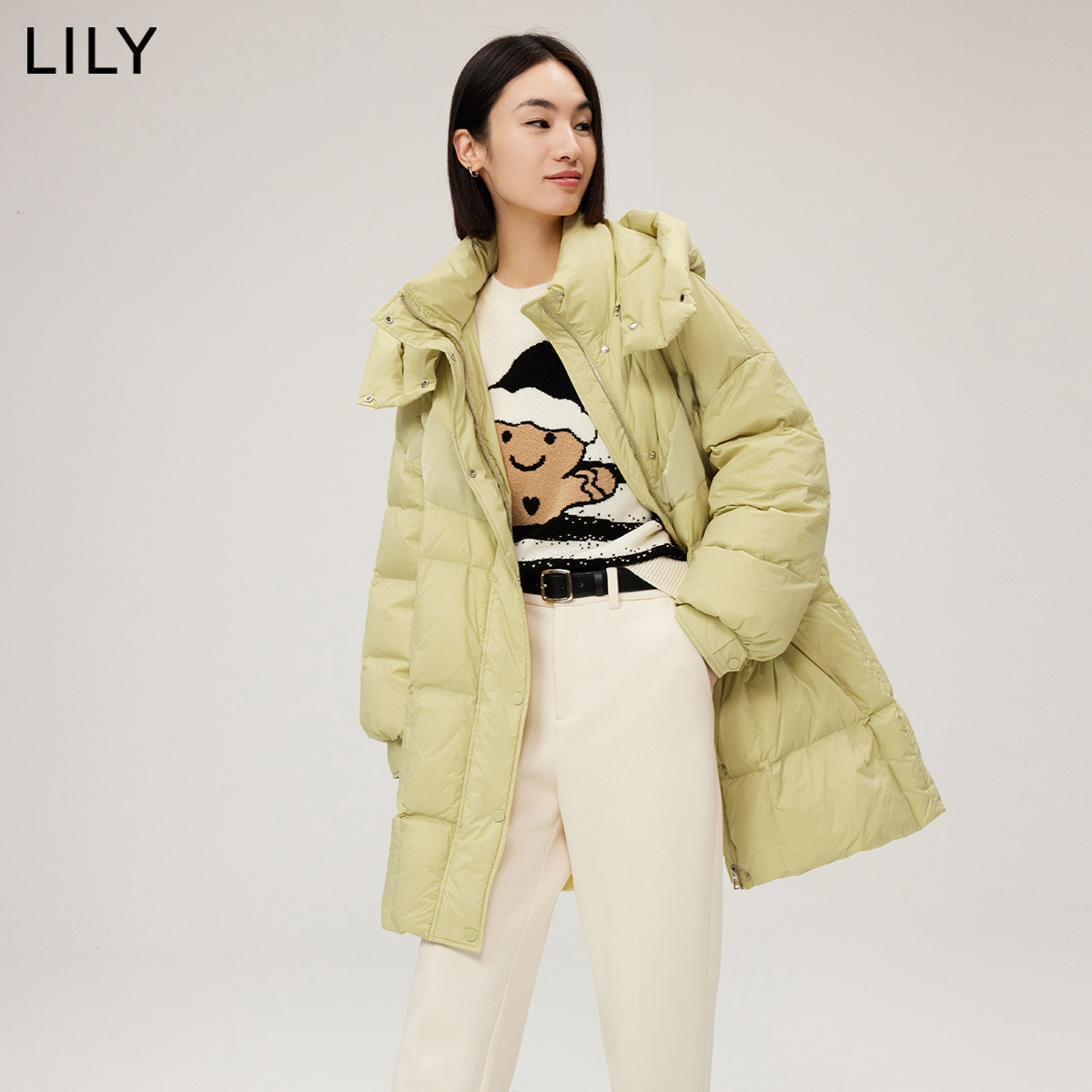 LILY2022冬新款女装休闲时尚气质纯色通勤宽松保暖连帽羽绒服外套-图1