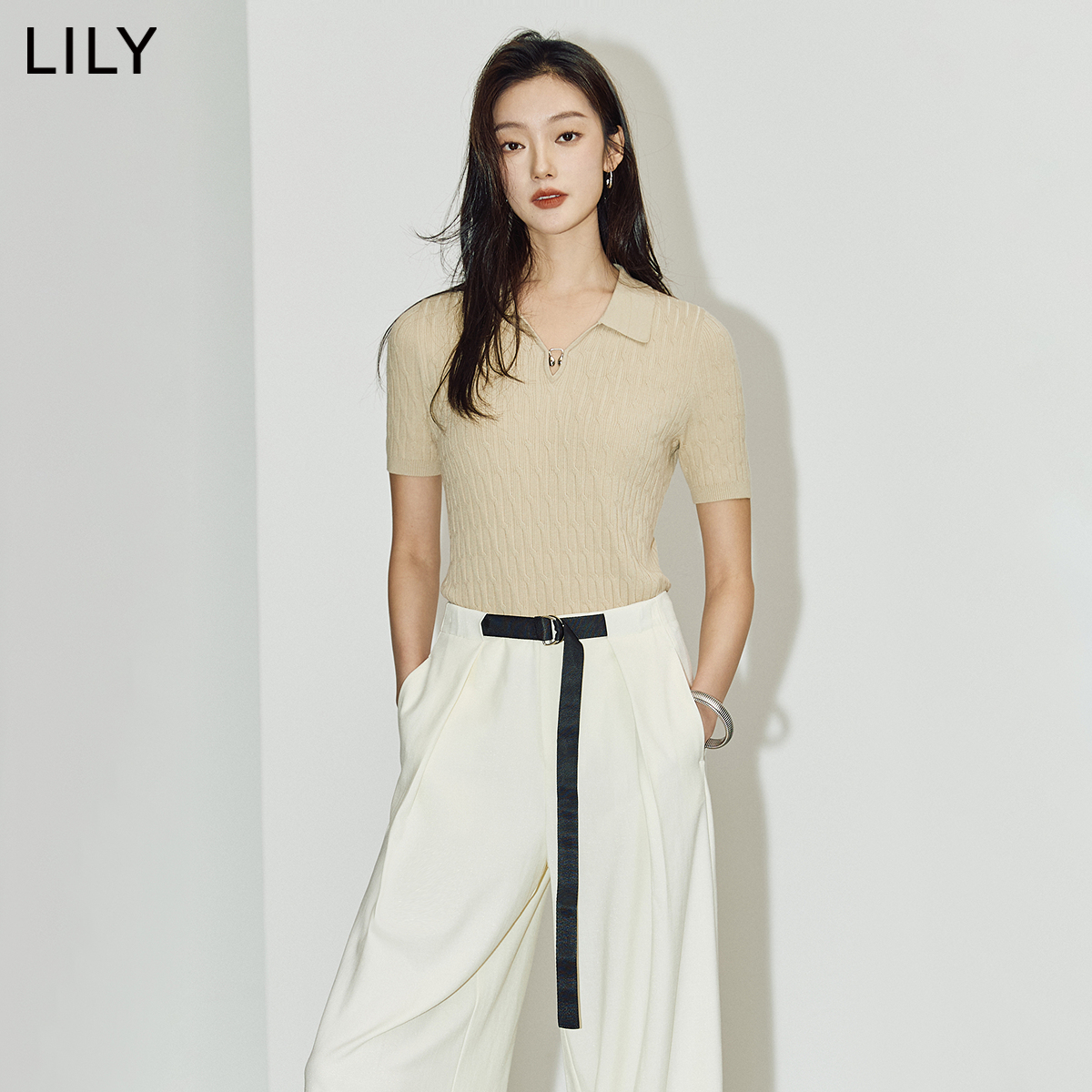 LILY2024夏新款女装时尚复古通勤款修身显瘦短袖毛针织衫打底衫女