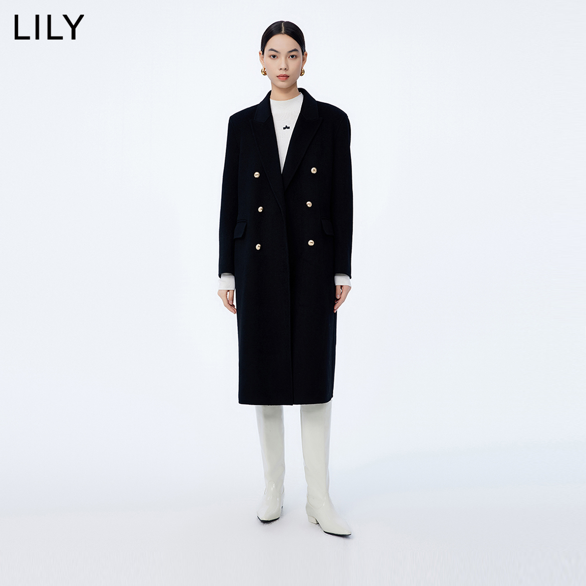 LILY2023冬新款女装全绵羊毛复古双排扣气质通勤长款毛呢外套大衣