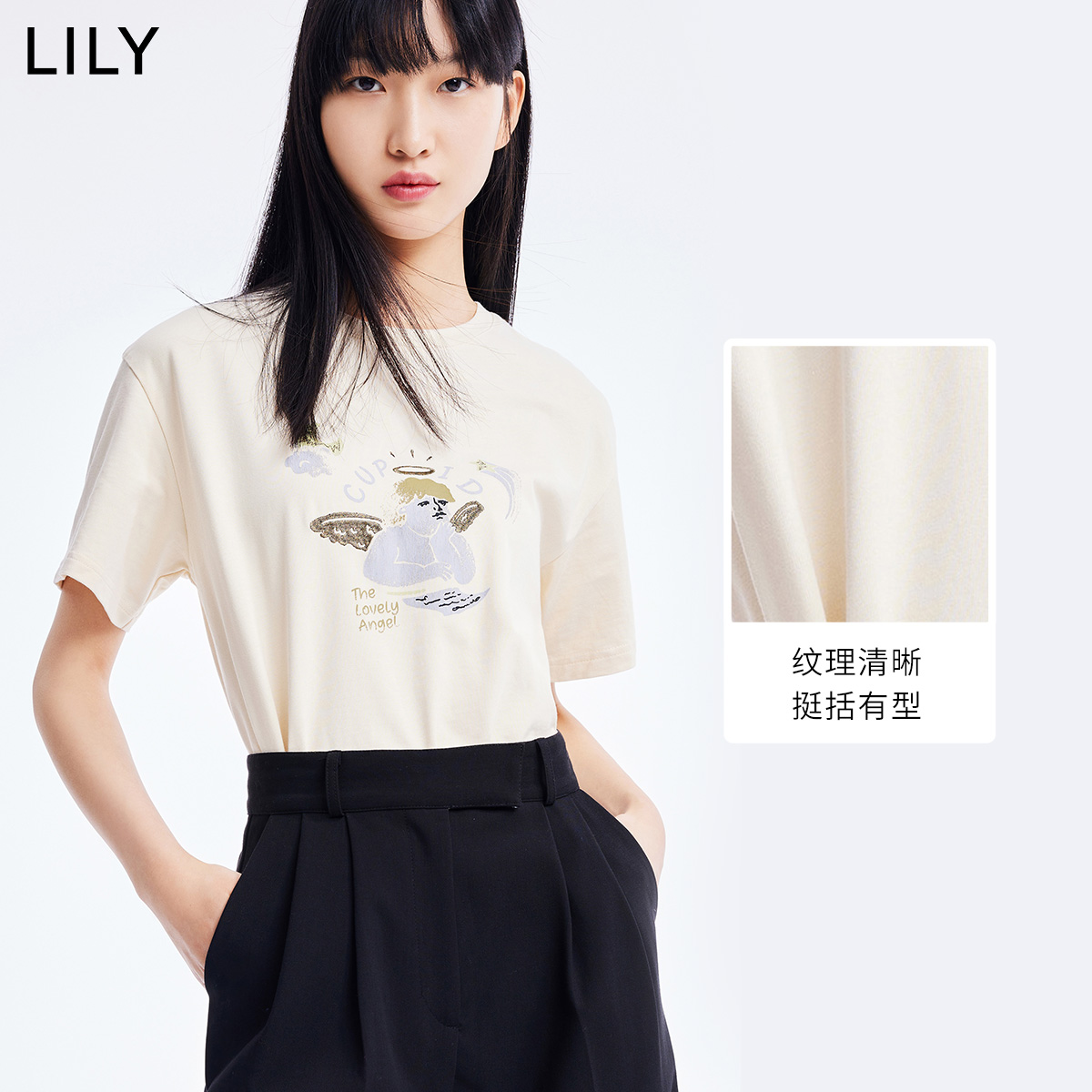 LILY2022夏新款女装趣味天使印花宽松小上衣休闲圆领纯棉短袖T恤