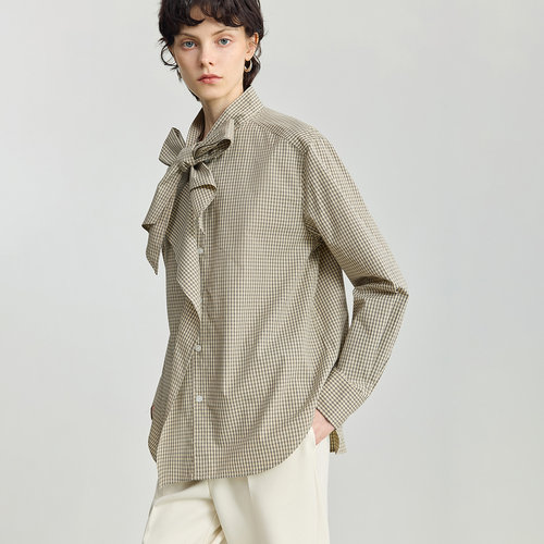 LILY2025冬新款女装纯棉格纹飘带领气质通勤宽松休闲浅色衬衫外套 - 图1