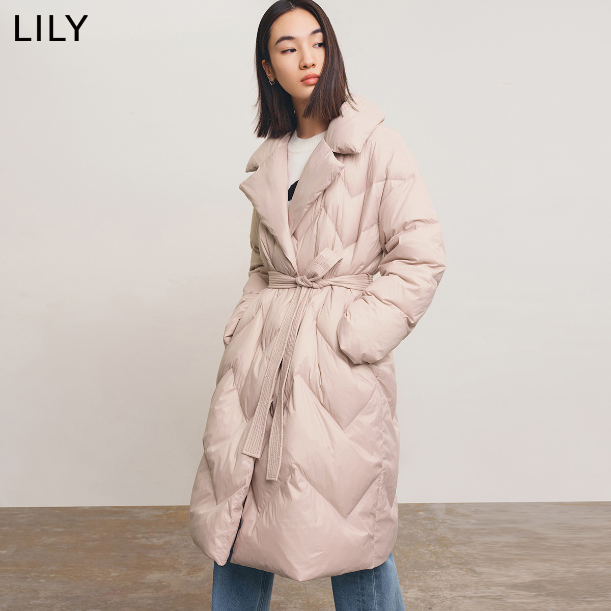 LILY2024春新款女装气质纯色通勤款时尚宽松长款西装式羽绒服外套-图0