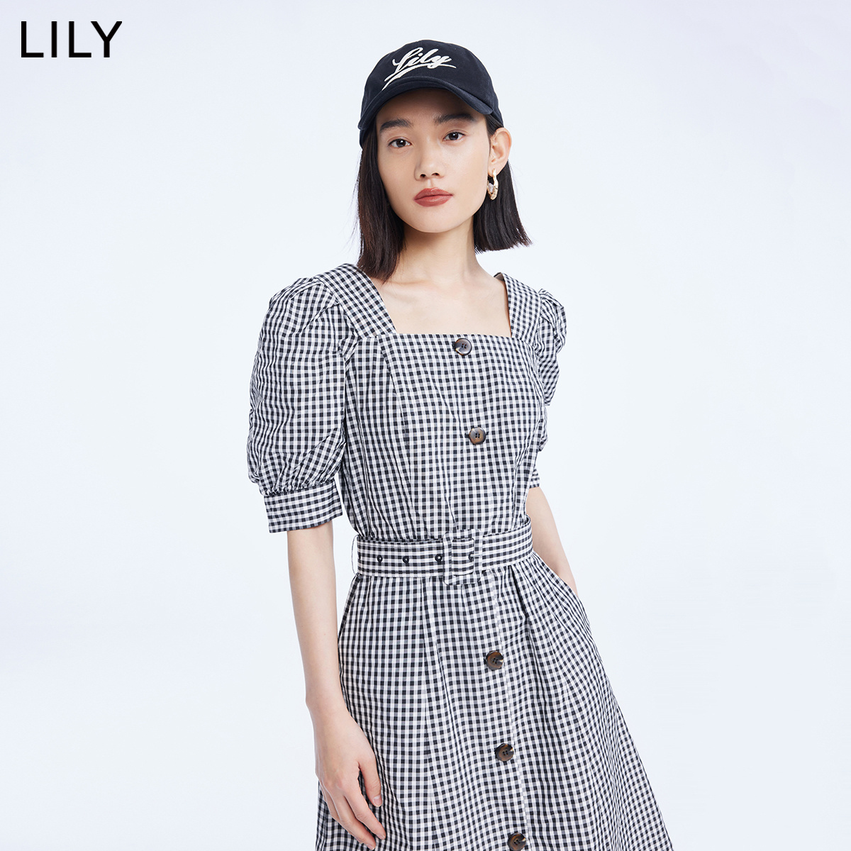 【商场同款】LILY2022秋新款女装复古格纹法式方领高腰短袖连衣裙 - 图0