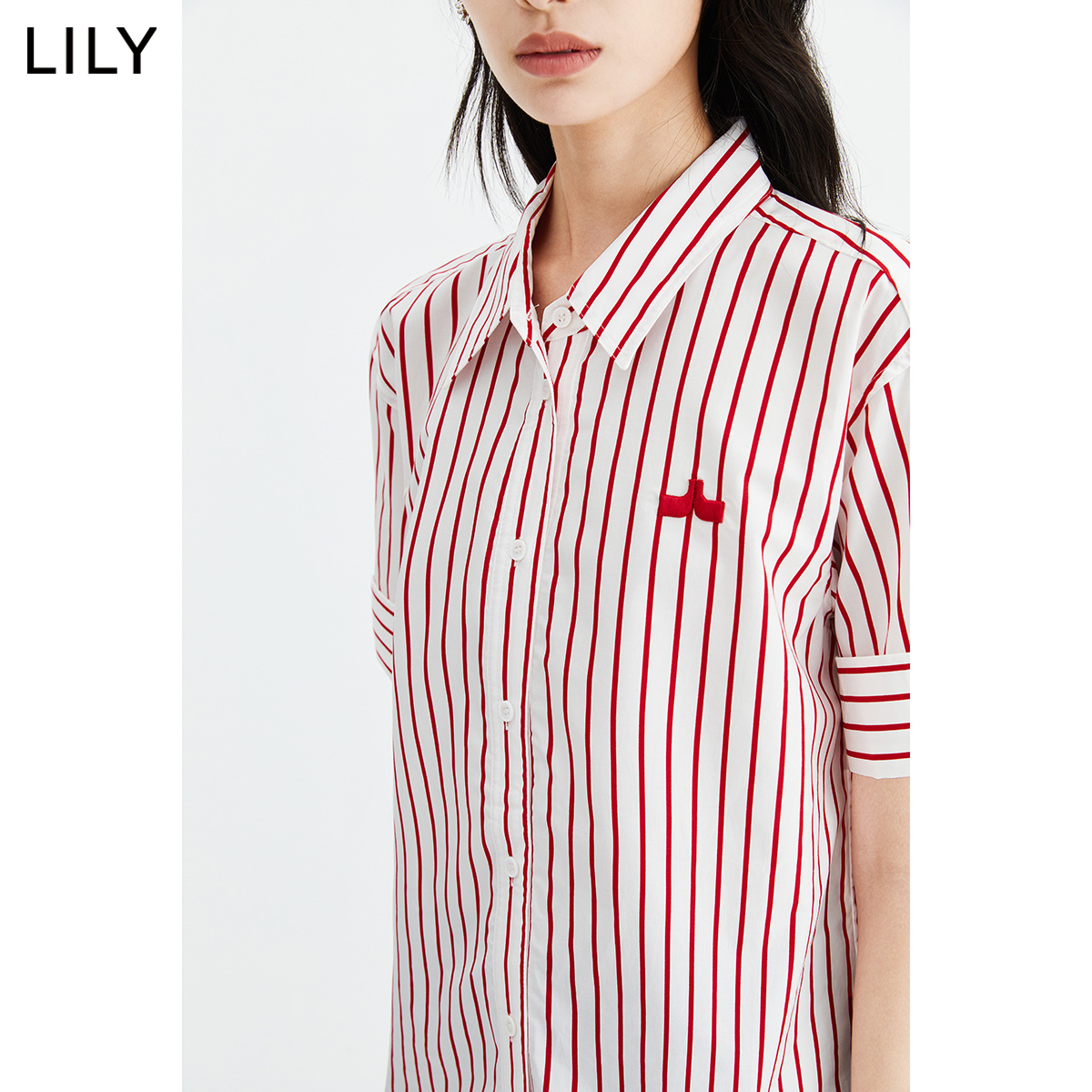 【商场同款】LILY2023夏新款女装别致复古条纹休闲通勤天丝衬衫女 - 图2