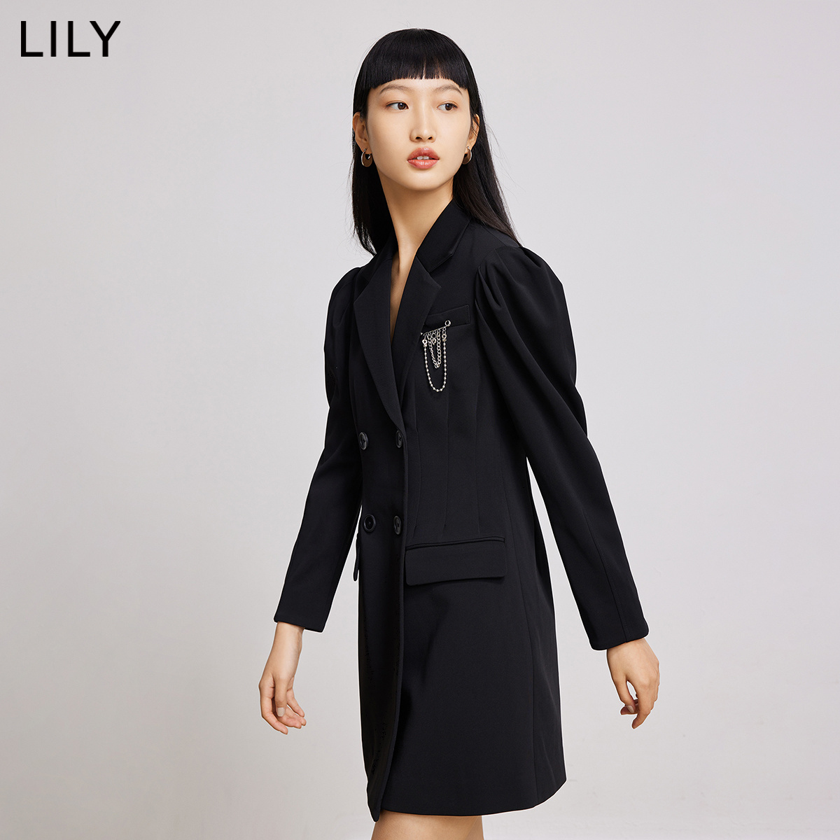 LILY2022春新款女装复古泡泡袖气质双排扣收腰显瘦黑色西装连衣裙