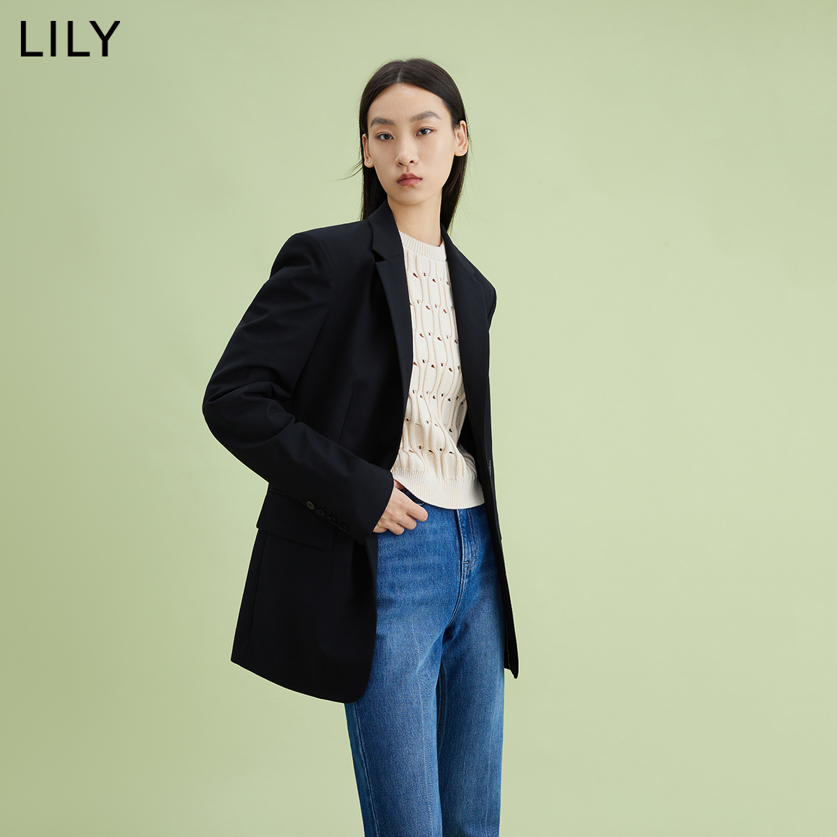 【商场同款】LILY新款女装质感羊毛时尚通勤一粒扣西装外套职场 - 图0