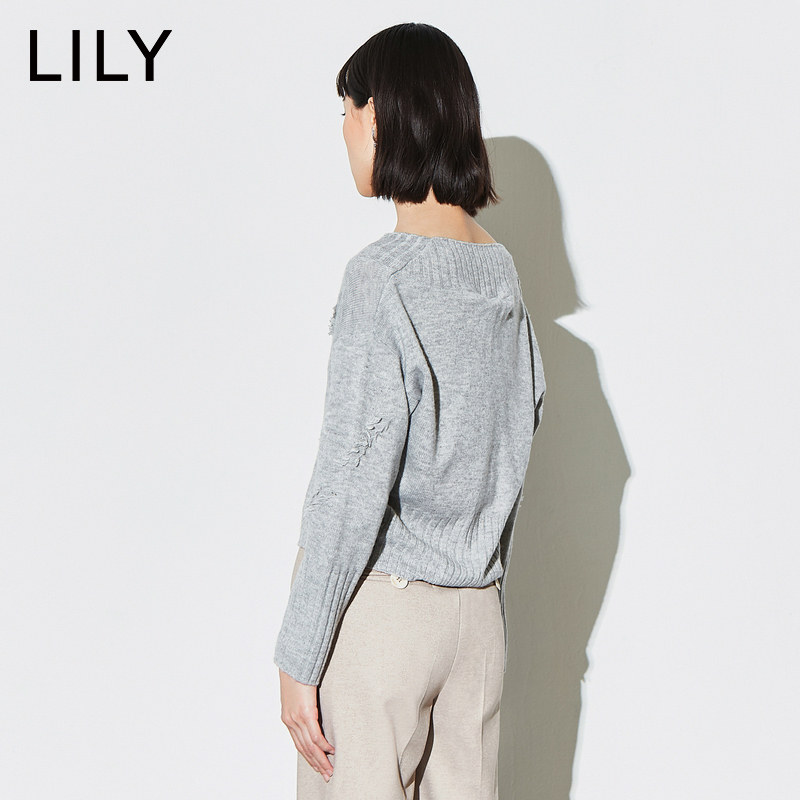 lily2019冬新款女装大v领短款毛衣 lily京平毛衣