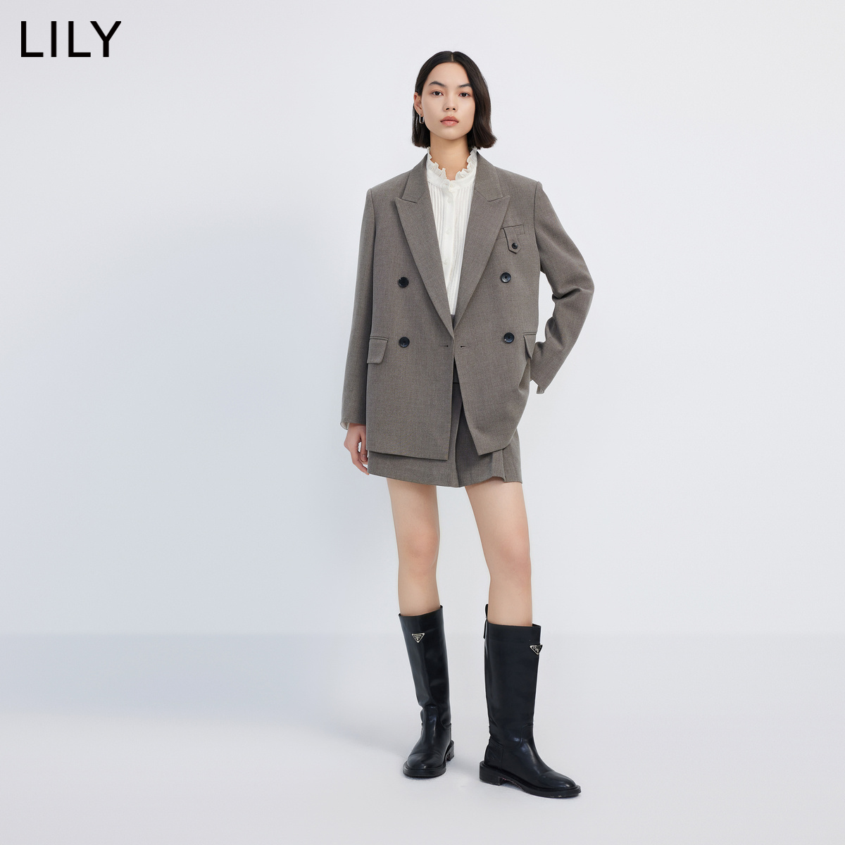 LILY2024春新款女装格雷系通勤商务职业复古双排扣休闲西装外套女 - 图1