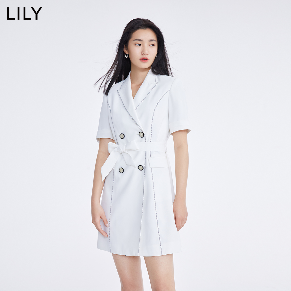 【凉凉裙】LILY2022夏新款女装高级感纯色中长款短袖西装式连衣裙 - 图0