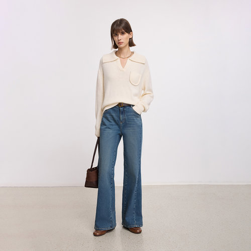 LILY2025冬新款女装含兔毛羊毛松弛感翻领V领气质通勤套头针织衫 - 图2