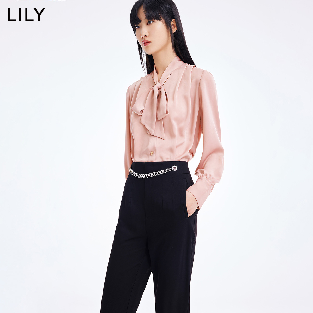 LILY官方旗舰店LILY2022春新款女装优雅别致飘带小众设计感褶皱长袖衬衫内搭上衣1