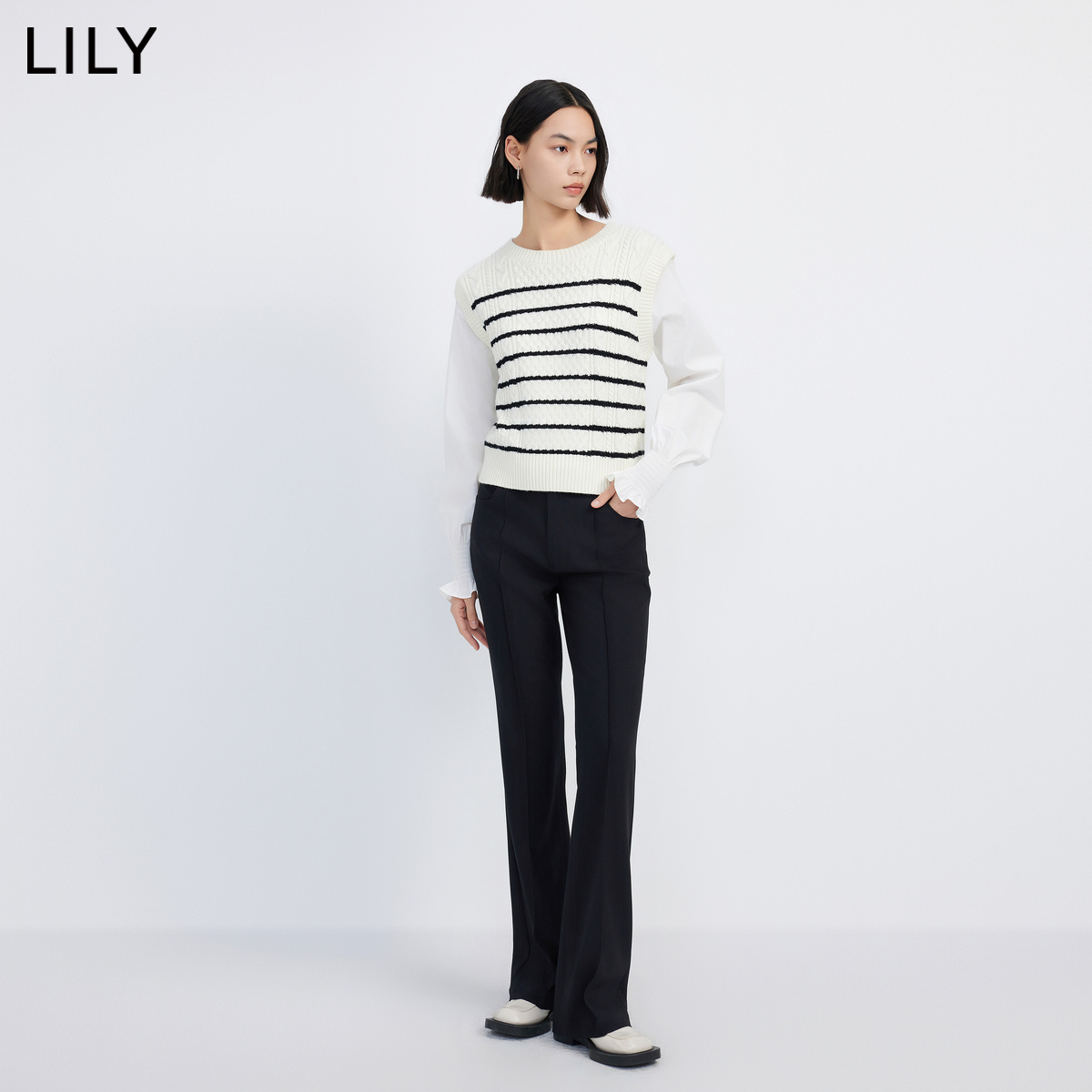 LILY2024春新款女装含绵羊毛复古条纹设计感假两件衬衫毛衣上衣女-图0