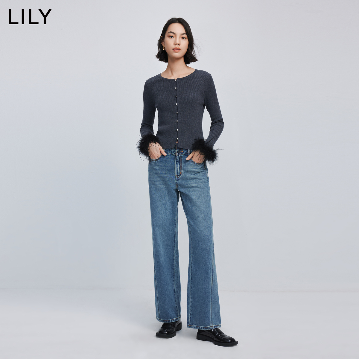 LILY2024春新款女装全棉休闲通勤时尚显瘦直筒阔腿高腰显瘦牛仔裤 - 图0