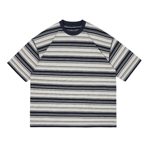 TOPTIER BRO 300g人棉混纺条纹T恤男夏季小领口宽松舒适休闲短袖 - 图3