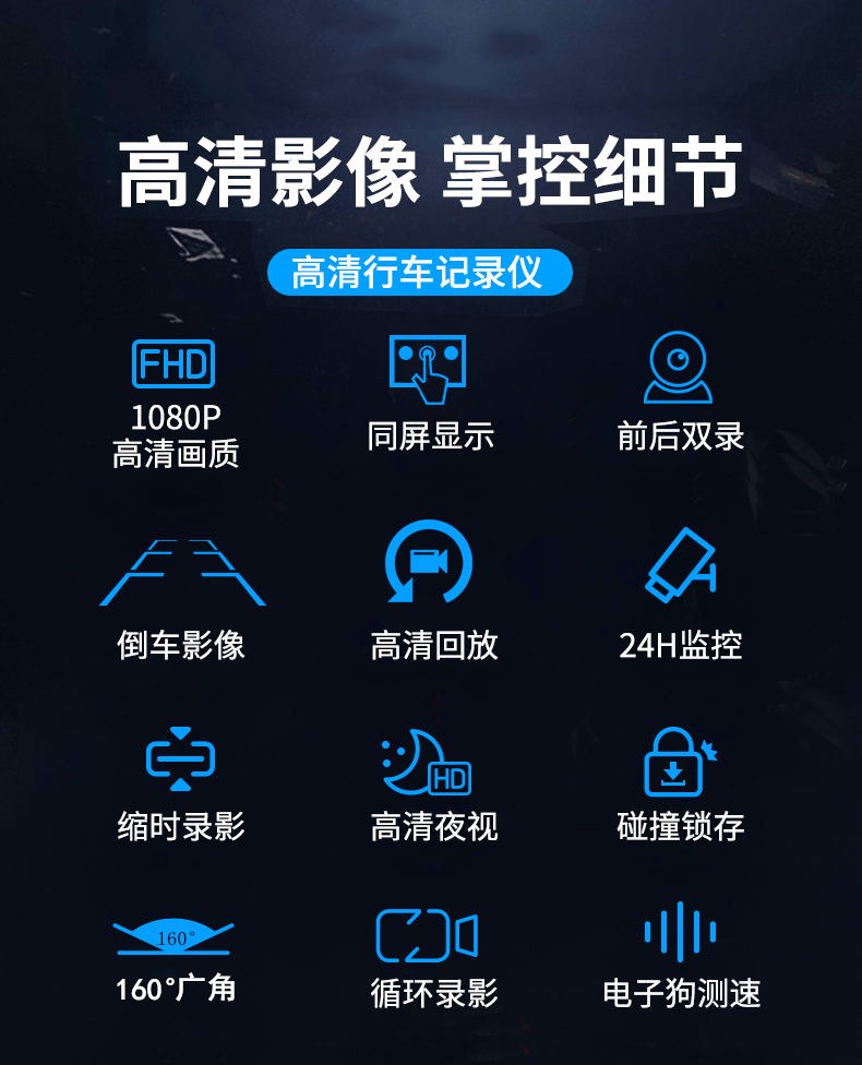 汽车行车记录仪高清前摄像头无线互联前后双录电子狗测速一体通用