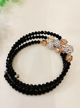 黑色水晶蹦迪珠三圈手镯弹力记忆爆闪绕多圈可调节时尚轻奢手环