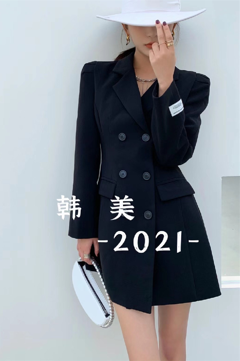 韩美2023春装新款女装泡泡袖西装连衣裙OL气质收腰显瘦长袖裙子-图1