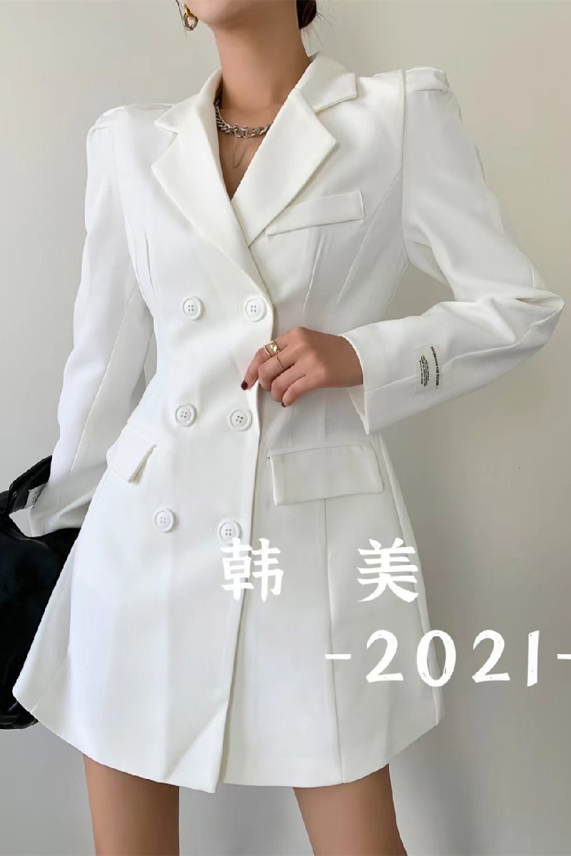 韩美2023春装新款女装泡泡袖西装连衣裙OL气质收腰显瘦长袖裙子