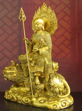 纯黄铜地藏王菩萨神像带背光摆件