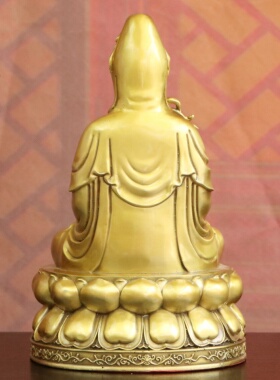 黄铜柳枝玉净瓶坐莲观音佛像摆件