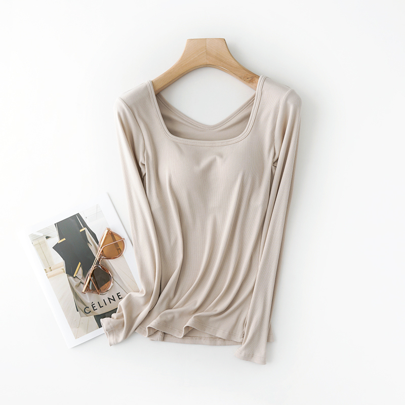 带胸垫秋衣女内穿保暖衣打底衫内衣女薄款内搭单件方领上衣可外穿 - 图2