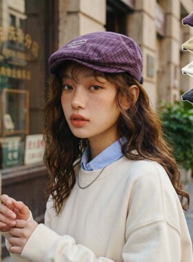 韩系紫色格子贝雷前进帽女复古格纹短檐画家帽小众显瘦工装帽子