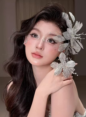 康康老师同款银色羽毛新娘发夹