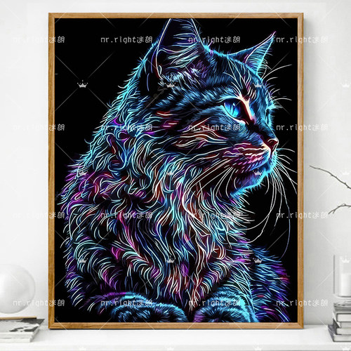 彩色猫画画diy数字油画填充填色抽象手工手绘解压解闷丙烯油彩画_虎窝淘
