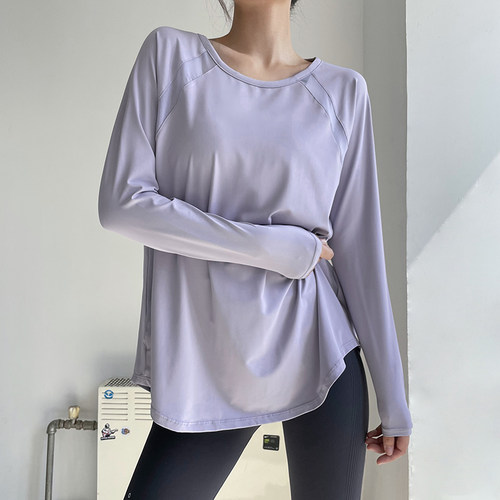 网红瑜伽服女罩衫专业透气健身房运动长袖T恤宽松休闲跑步上衣秋 - 图1