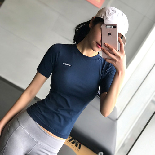 显瘦薄款运动短袖健身服弹力紧身跑步休闲t恤透气排汗瑜伽上衣女 - 图0