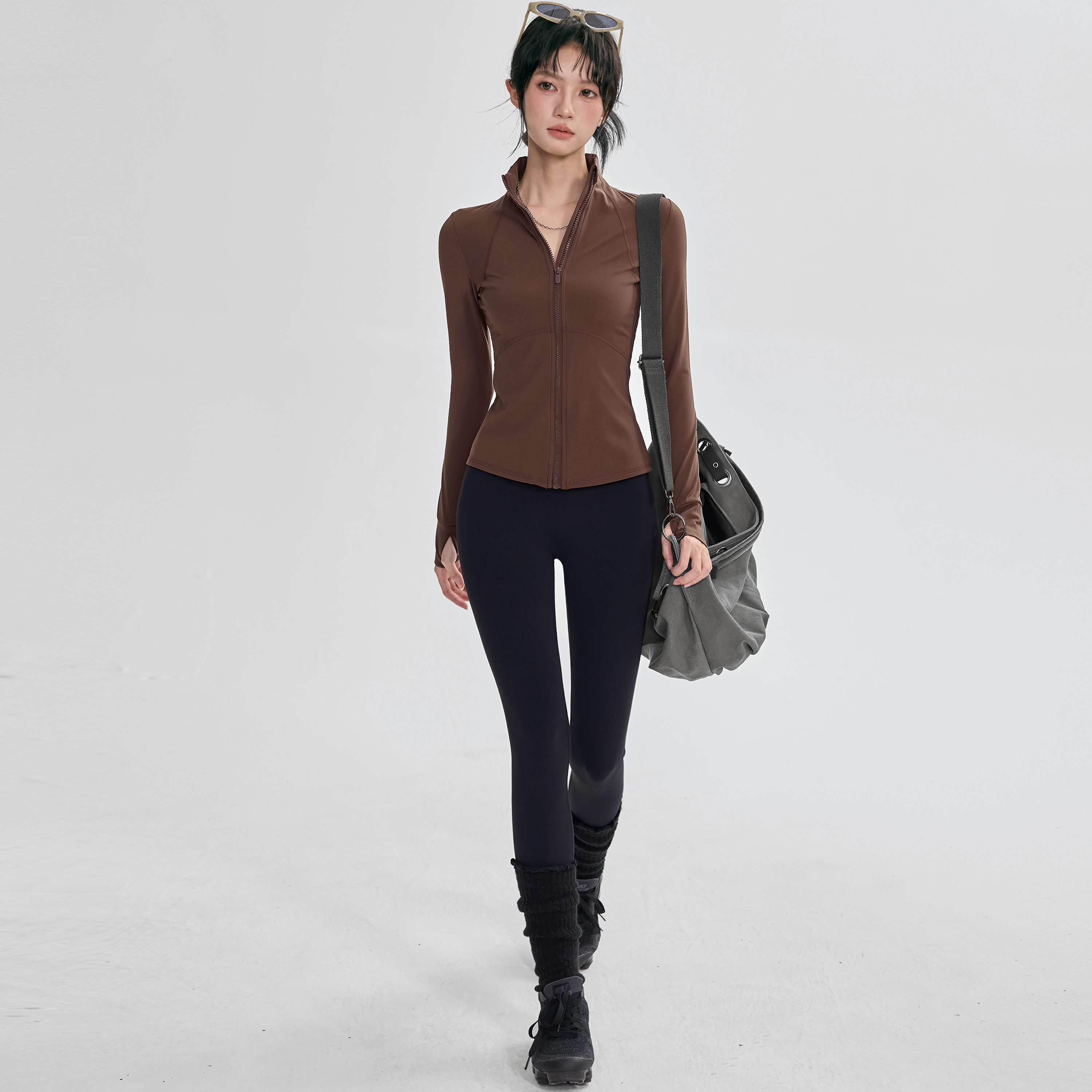 秋冬薄绒瑜伽服外套女立领修身运动上衣显瘦普拉提训练健身长袖新 - 图3