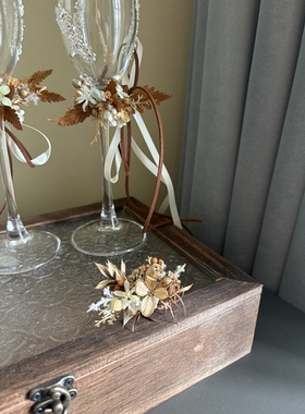 Wedding森系韩式婚礼金色美拉德干花永生花香槟金结婚戒指花一对