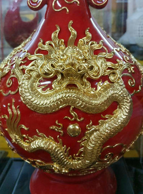 【免费刻字】厦门漆线雕陶瓷中国红花瓶蔡氏三龙结婚乔迁礼物高档