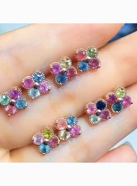 天然巴西碧玺S925银耳钉绿色黄色粉色多宝幸运草女款饰品礼物促销