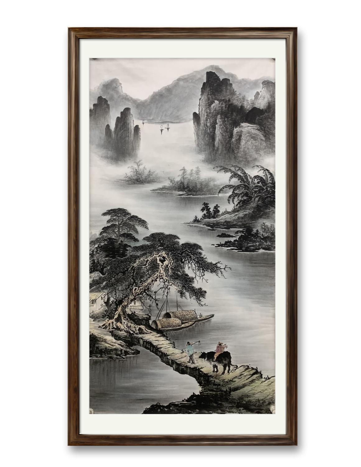 定制纯手绘山水画 牧牛图玄关国画 现代客厅茶室水墨画办公室挂画