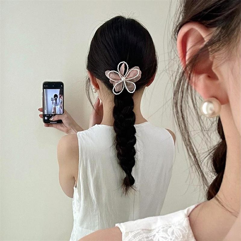 【花仙精灵】粉色温柔网纱花朵发夹旅行发卡珍珠鸭嘴夹侧边夹女 - 图2