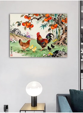 现代中式公鸡画事事如意田园风光装饰画客厅玄关家居饰品贴纸画
