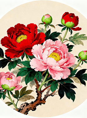 中式牡丹花装饰画客厅卧室壁画贴纸画 玄关画圆形画自粘贴画