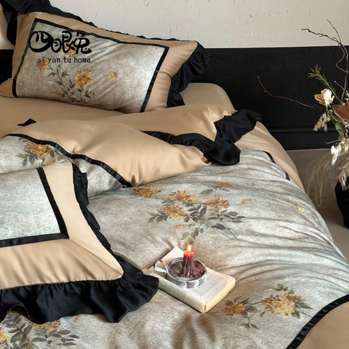 香榭曼卡︱法式复古印花天丝棉磨毛四件套高级小众花边被套床品2m - 图1