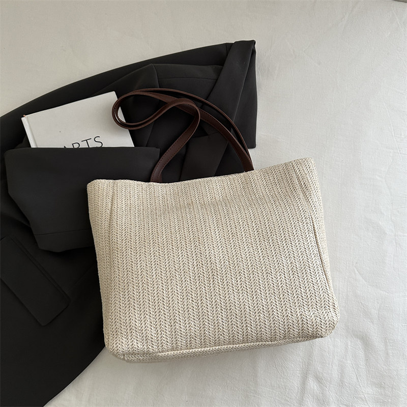 撞色草编简约复古手提包女式休闲托特包大容量单肩包百搭通勤女包,淘宝优惠券,粉丝福利购,淘宝优惠卷