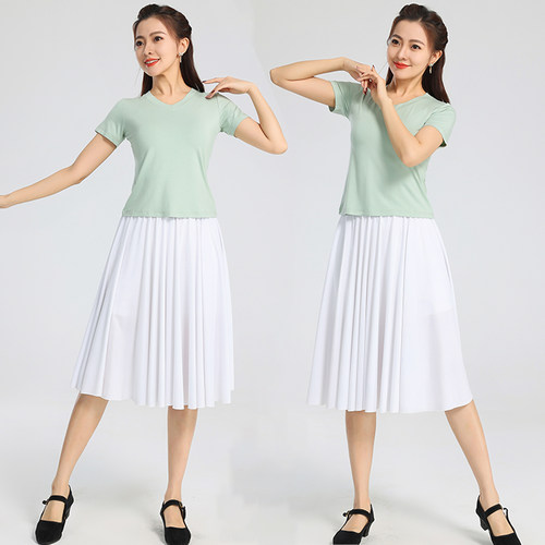 夏季新款广场舞套装品牌舞蹈衣服莫代尔t恤鸡心V领短袖天丝裙子女 - 图1