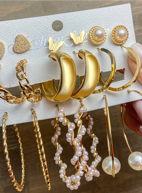 earring set欧美跨境简约气质女式珍珠合金风几何蝴蝶耳环套装