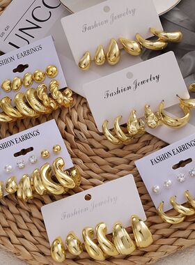 earring set女个性金属c型不规则卡装耳环3件套白k/金色耳钉耳
