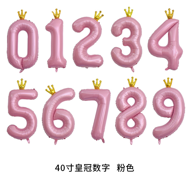 40寸大号皇冠数字气球生日派对装饰浅粉蓝金银黑色飘空铝膜数字-图0