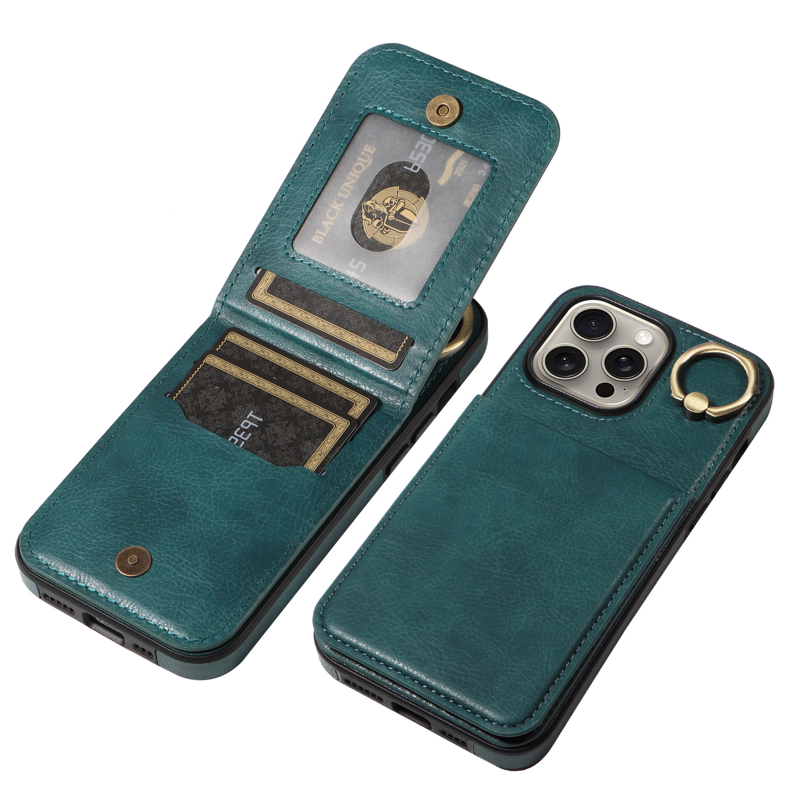 适用苹果15手机壳插卡可支架iphone13Pro max零钱卡包14plus荔枝纹上下开指环扣12手机壳