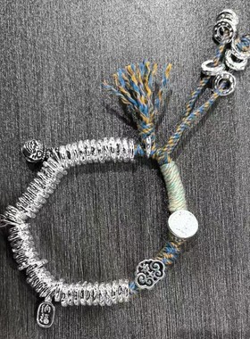 吞金兽盘缠纯银手链女纳福中式编绳手串蓝手绳扣子送男女礼物